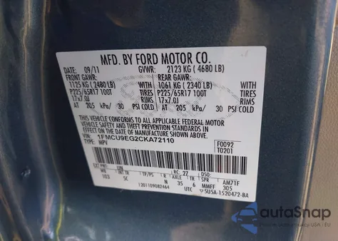 2012 Ford Escape Limited из США, поврежденный, VIN 1FMCU9EG2CKA72110